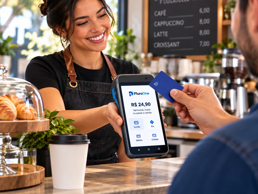 Cliente aproximando cartão de terminal de pagamento